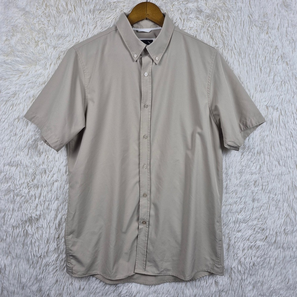 Stone Falcon Mens Large Tan Ripstop Short Sleeve Button Down Stretch Shirt